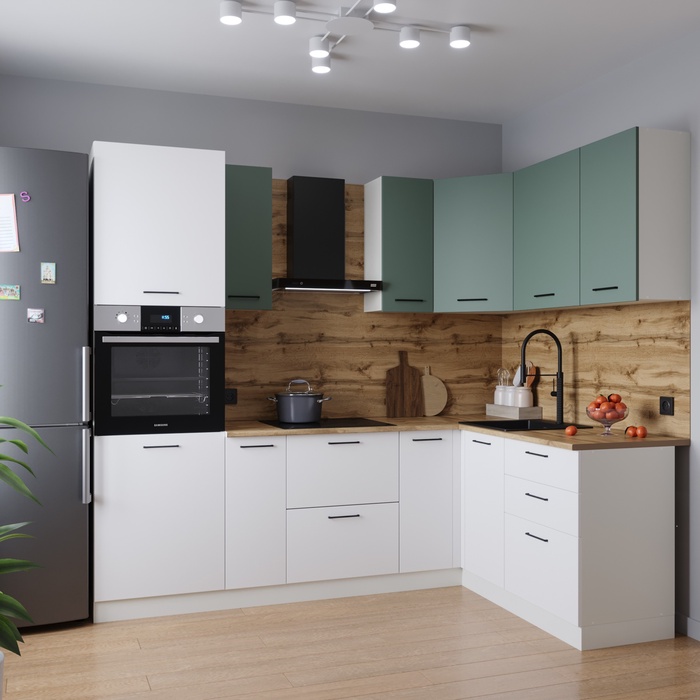 Кухонный гарнитур угловой «МУССОН», 2400×1600 мм, цвет жемчуг/муссон дуб Вотан