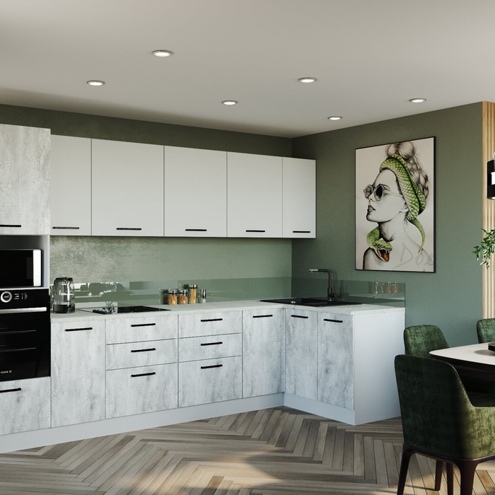 Кухонный гарнитур угловой «БЛАНКА», 3200×1400 мм, цвет жемчуг/пайн мрамор марквина белый