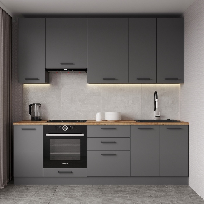 Кухонный гарнитур прямой «АНТРАЦИТ», 2400×600 мм, столешница 26 мм, цвет антрацит/вотан