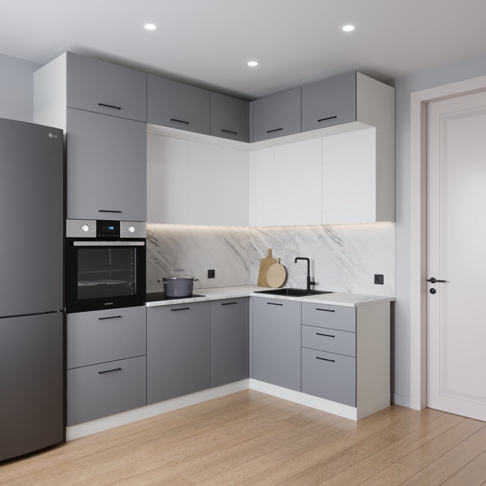 Кухонный гарнитур угловой «ЭЛЕГАНЦИЯ», 2200×1700 мм, цвет вулканический серый/жемчуг лавант
