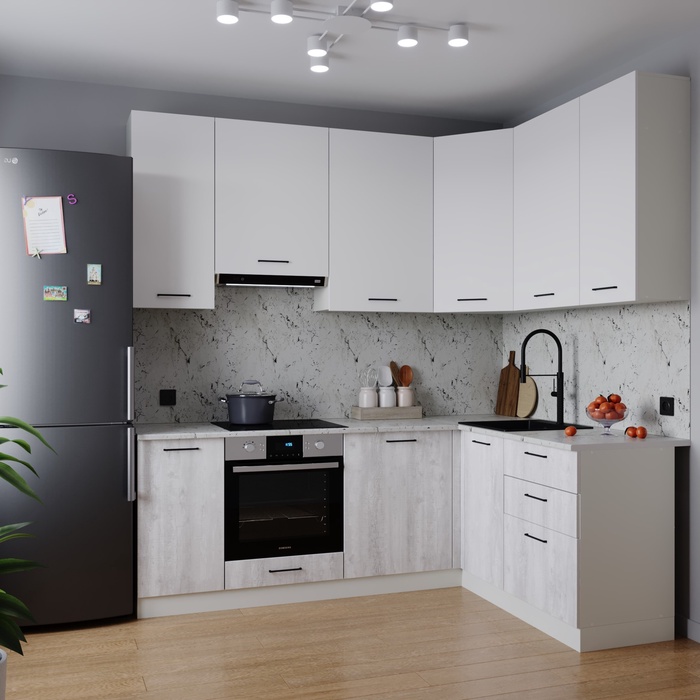 Кухонный гарнитур угловой «БЛАНКА», 2200×1600 мм, цвет жемчуг/пайн мрамор марквина белый