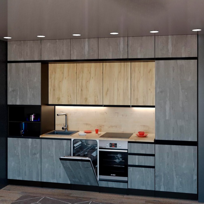 Кухонный гарнитур трёхуровневый в полоток «Адажио люкс», 3000×600 мм, цвет дуб золотой/бетон тёмный/венге