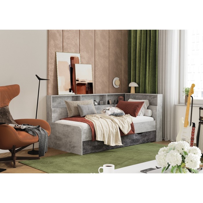 Кровать односпальная «Юта 1800» с ящиками, 1982×900×1000 мм, цвет бетон светлый/бетон тёмный