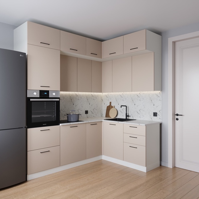 Кухонный гарнитур угловой «ШАМПАНЬ», 2200×1700 мм, цвет сатин мрамор марквина белый