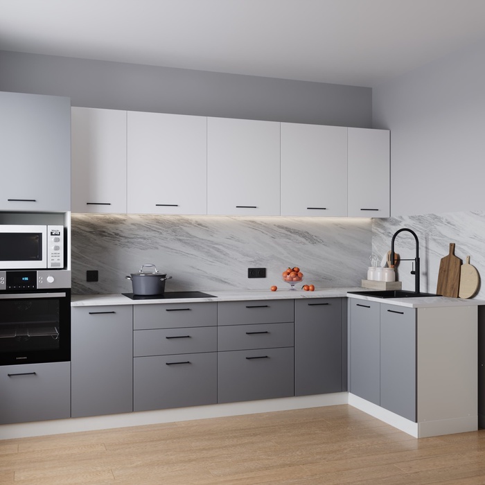 Кухонный гарнитур угловой «ЭЛЕГАНЦИЯ», 3200×1400 мм, цвет вулканический серый/жемчуг лавант