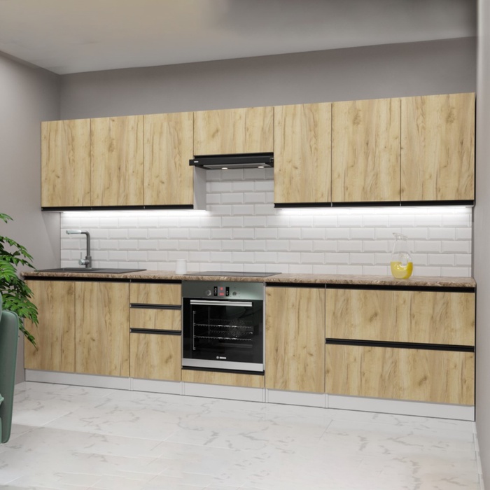 Кухонный гарнитур прямой «Янтарь Экстра», 3000×600 мм, цвет белый/аламбра тёмная/дуб золотой