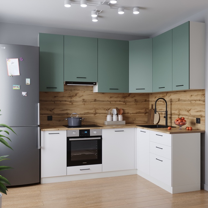 Кухонный гарнитур угловой «МУССОН», 2200×1600 мм, цвет жемчуг/муссон дуб Вотан