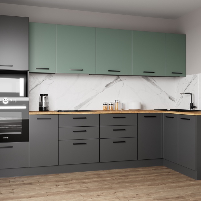 Кухонный гарнитур угловой «ИЗУМРУД», 3200×1400 мм, цвет антрацит/муссон дуб Вотан