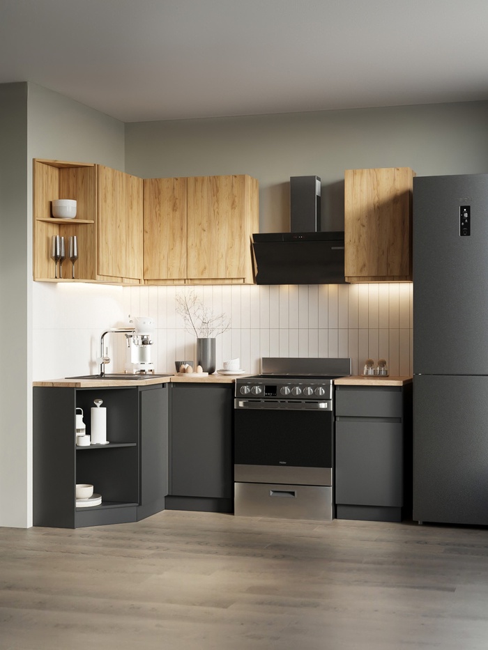 Кухонный гарнитур угловой «Лира», с столешницей, 1300×2000 мм, цвет графит/дуб крафт золотой/дуб кера