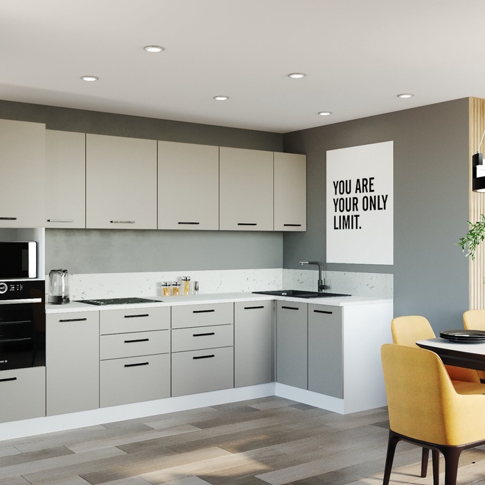 Кухонный гарнитур угловой «ШАМПАНЬ», 3200×1400 мм, цвет сатин мрамор марквина белый