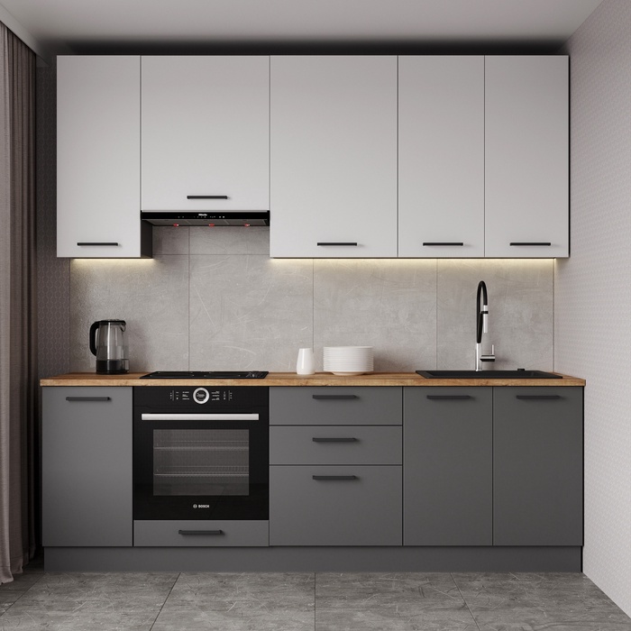 Кухонный гарнитур прямой «ВЕГАС», 2400×600 мм, столешница 26 мм, цвет антрацит/жемчуг/вотан