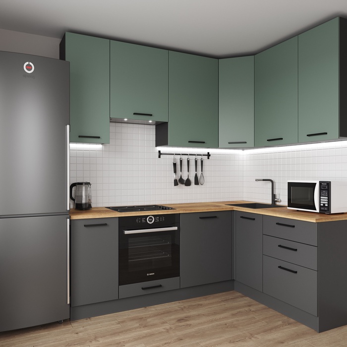 Кухонный гарнитур угловой «ИЗУМРУД», 2200×1600 мм, цвет антрацит/муссон дуб Вотан