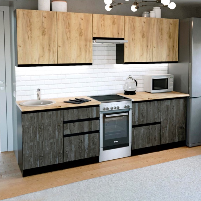 Кухонный гарнитур прямой «Адажио мега», 2500×600 мм, цвет дуб золотой/бетон тёмный/венге