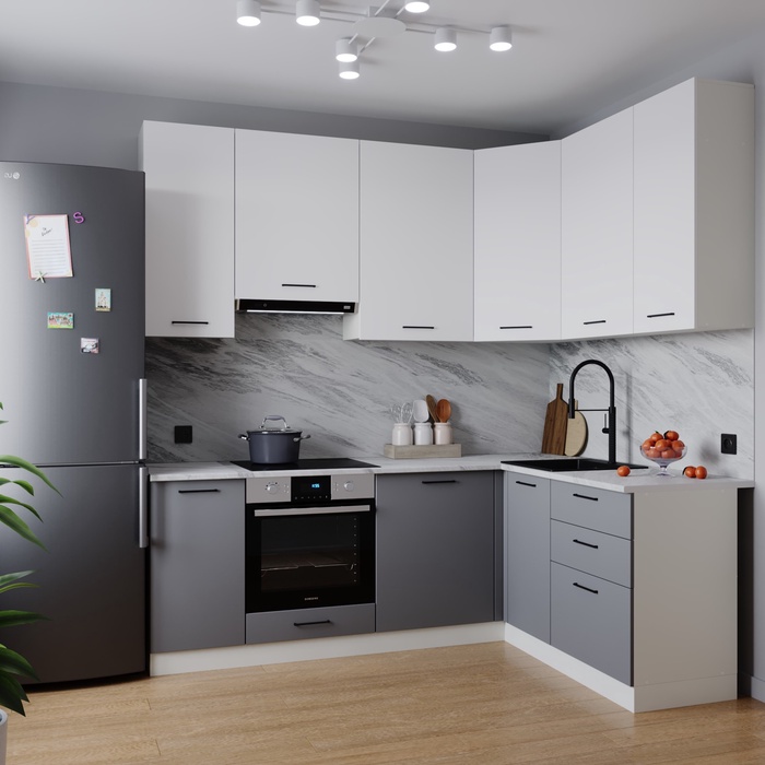 Кухонный гарнитур угловой «ЭЛЕГАНЦИЯ», 2200×1600 мм, цвет вулканический серый/жемчуг лавант