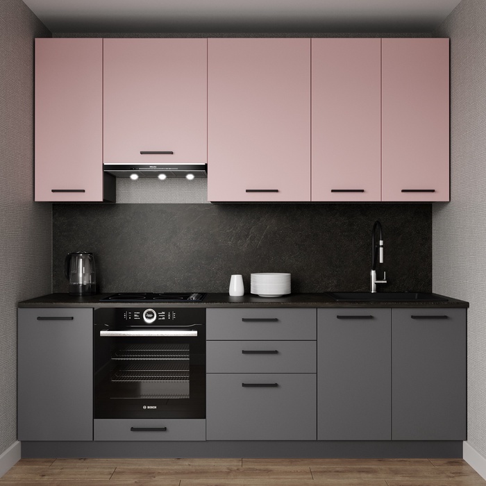 Кухонный гарнитур прямой «РОЗА», 2400×600 мм, столешница 38 мм, цвет графит/розовый кварц/детройт