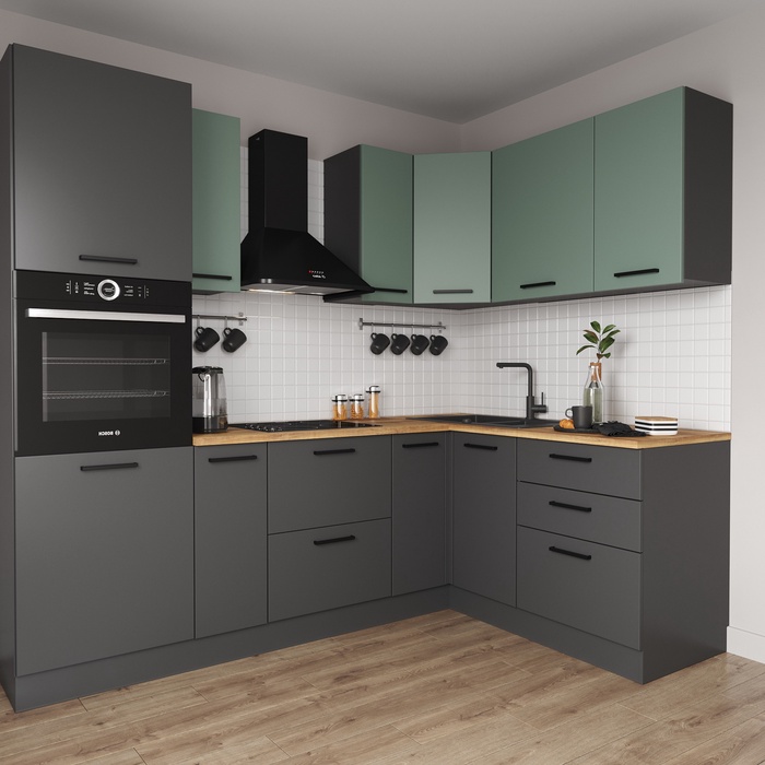 Кухонный гарнитур угловой «ИЗУМРУД», 2400×1600 мм, цвет антрацит/муссон дуб Вотан