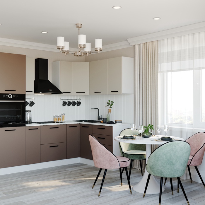 Кухонный гарнитур угловой «ЛАТТЕ», 2400×1600 мм, цвет мокко/сатин Мрамор марквина белый