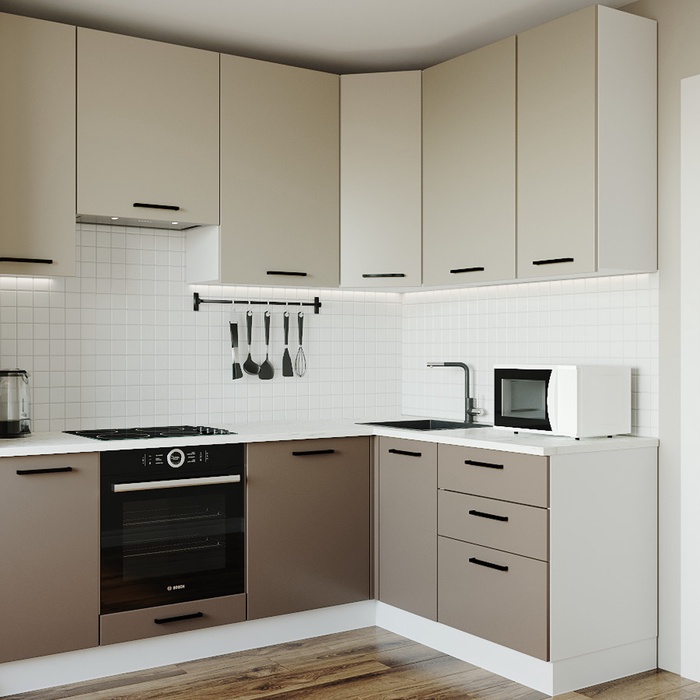 Кухонный гарнитур угловой «ЛАТТЕ», 2200×1600 мм, цвет мокко/сатин мрамор марквина белый