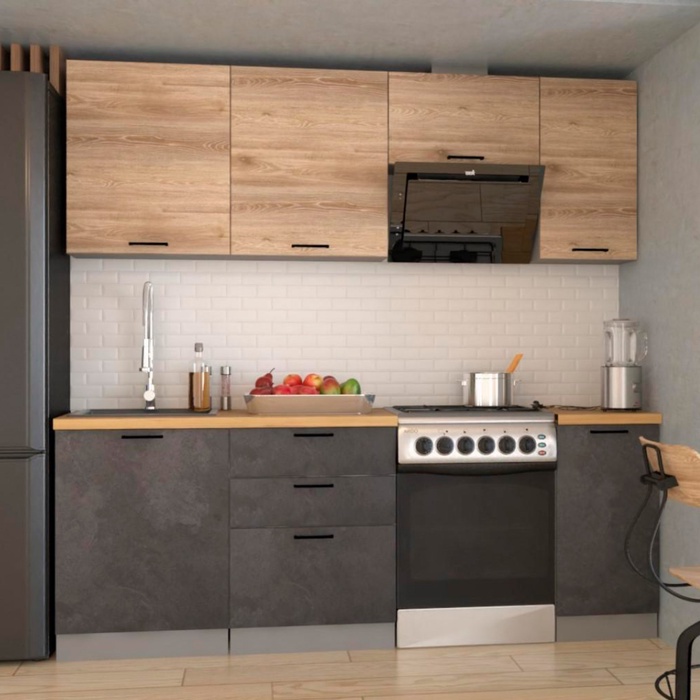 Кухонный гарнитур прямой «ЛОФТ 20», 2200×600 мм, цвет серый/рустик натуральный/бетон тёмный/дуб бунратти