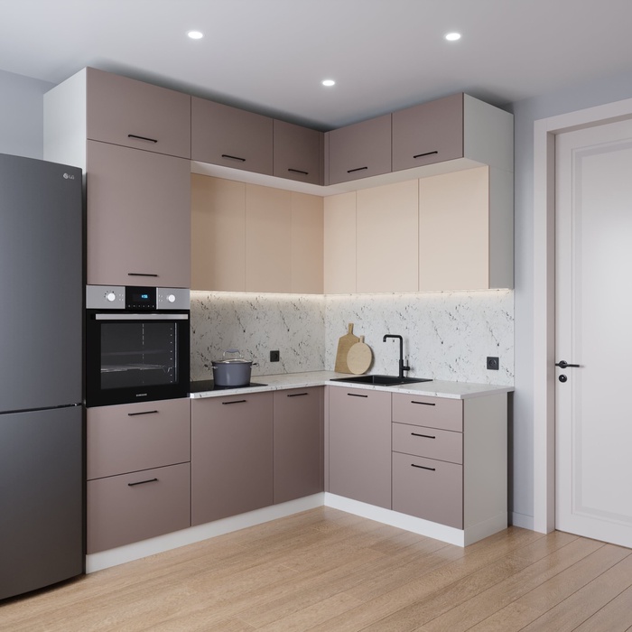 Кухонный гарнитур угловой «ЛАТТЕ», 2200×1700 мм, цвет мокко/сатин мрамор марквина белый